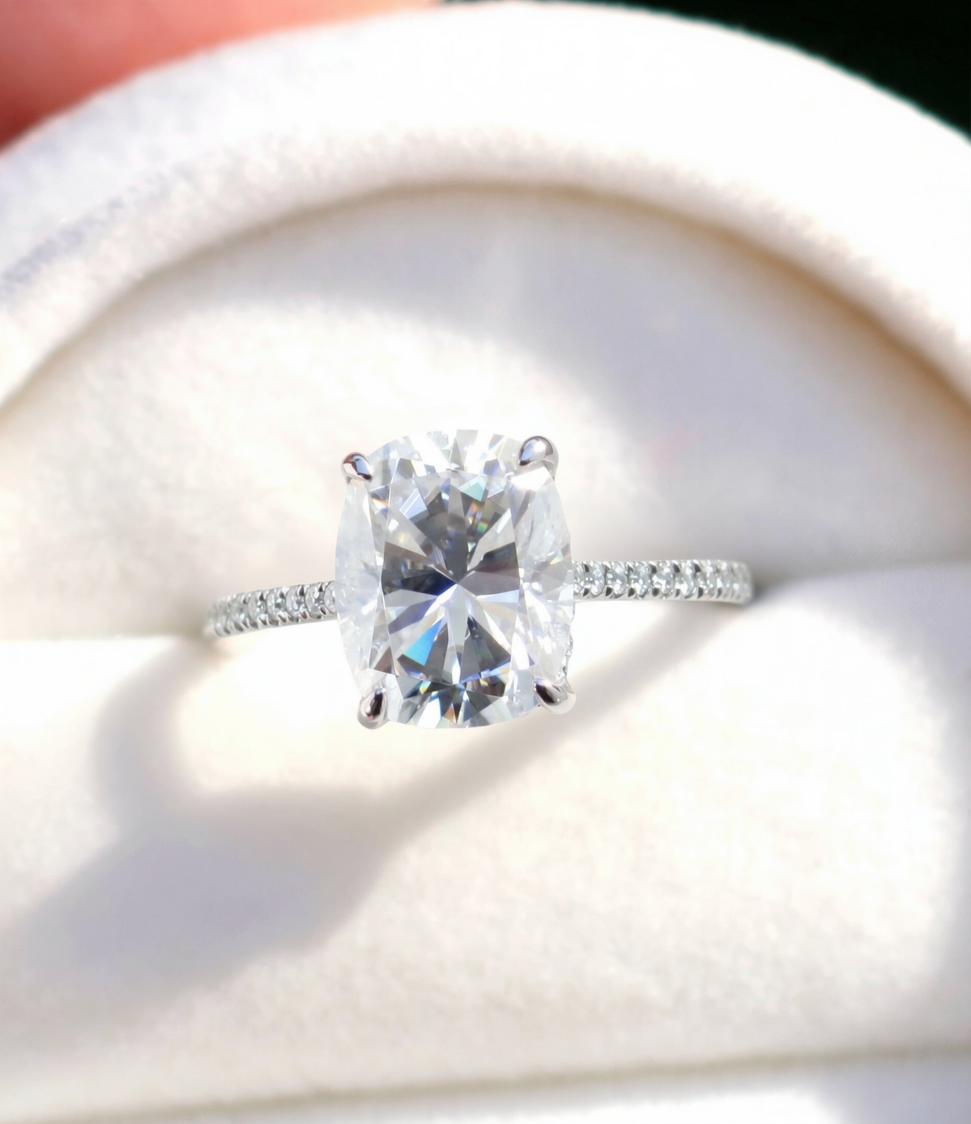 Vintage engagement ring Elongated Cushion cut Moissanite hidden halo ring white gold almost eternity band bridal ring Promise Anniversary