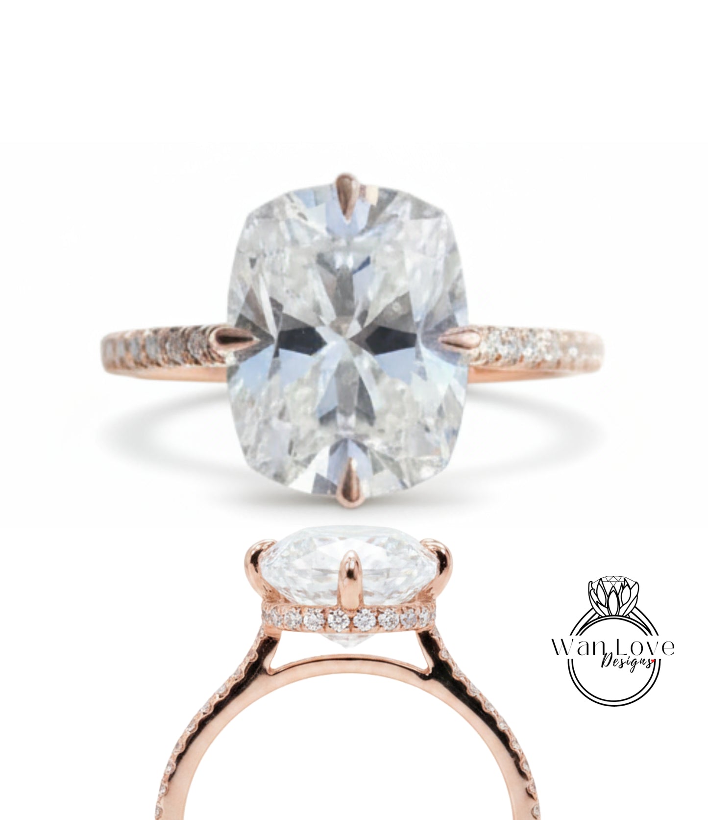 a large, clear diamond engagement ring with a rose gold band and a central pavé gemstone.