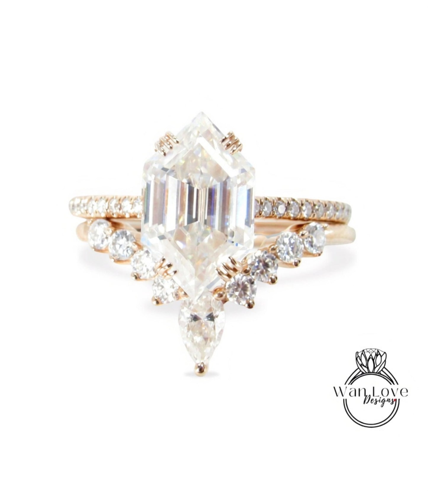 Hexagon shaped Moissanite engagement ring set 2pc rose gold Unique Cluster vintage ring vintage Pear cut curved wedding band Gift for her