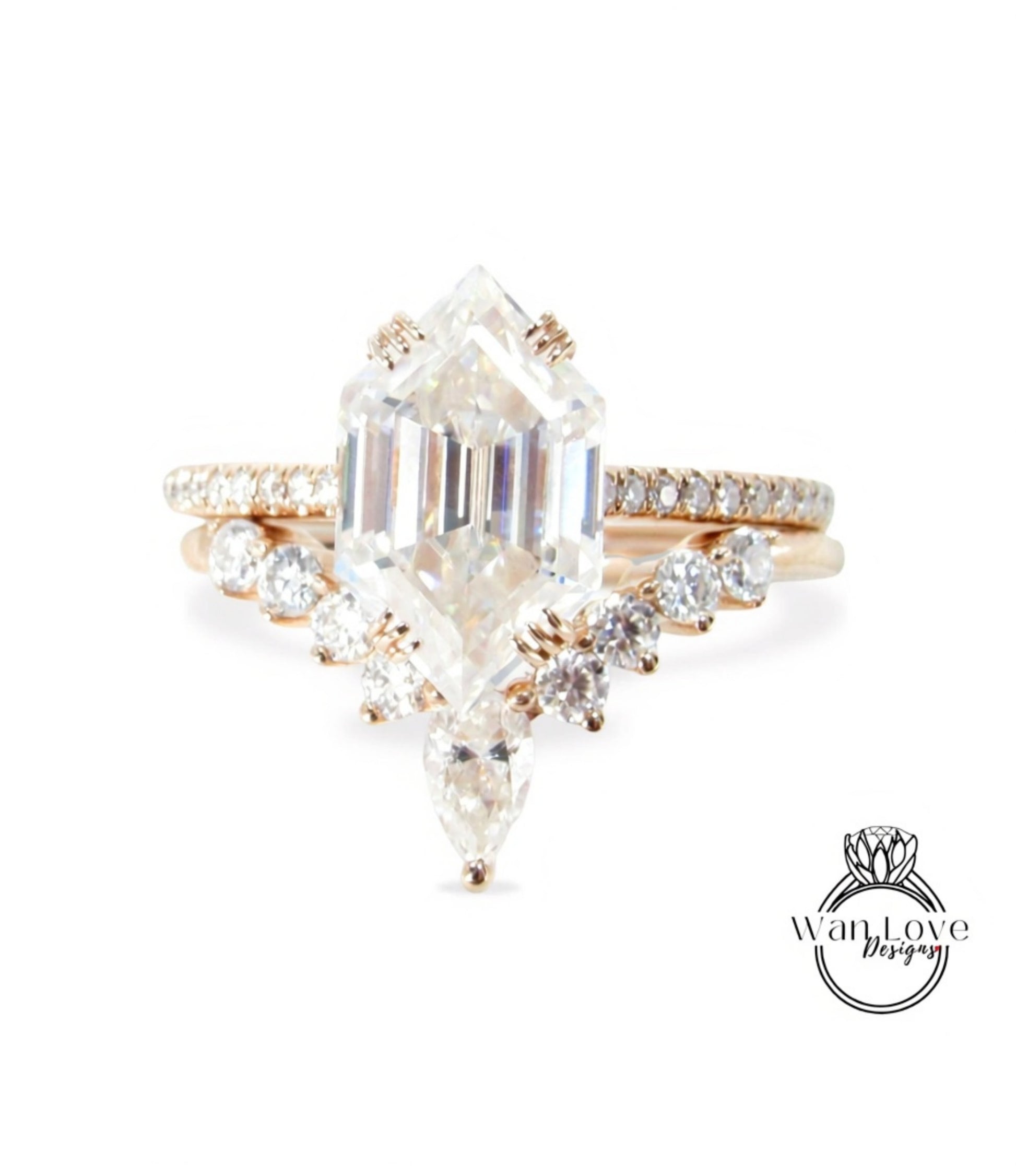 Hexagon shaped Moissanite engagement ring set 2pc rose gold Unique Cluster vintage ring vintage Pear cut curved wedding band Gift for her
