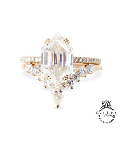 Hexagon shaped Moissanite engagement ring set 2pc rose gold Unique Cluster vintage ring vintage Pear cut curved wedding band Gift for her
