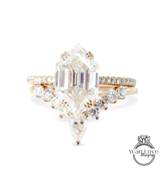 Hexagon shaped Moissanite engagement ring set 2pc rose gold Unique Cluster vintage ring vintage Pear cut curved wedding band Gift for her