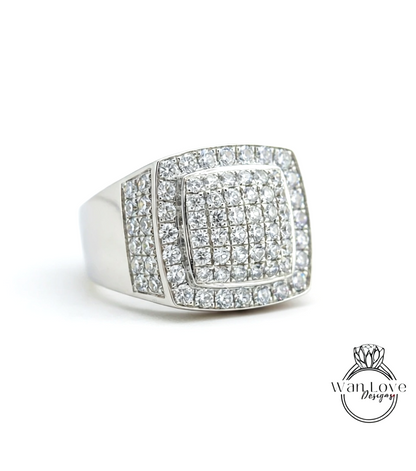 White Sapphire Large Pave Wedding Bands-Mens Ring-3.7ct 2mm-Silver Rhodium-Engagement-Pinky-Anniversary Gift-Thick Shank-Ready to ship