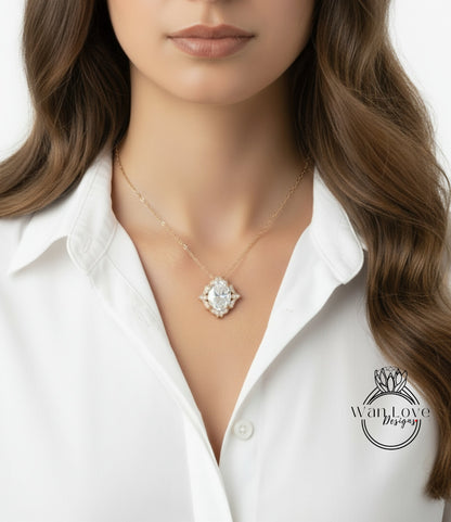 A close-up of a woman's neck and chest wearing a gold necklace with a large diamond pendant.