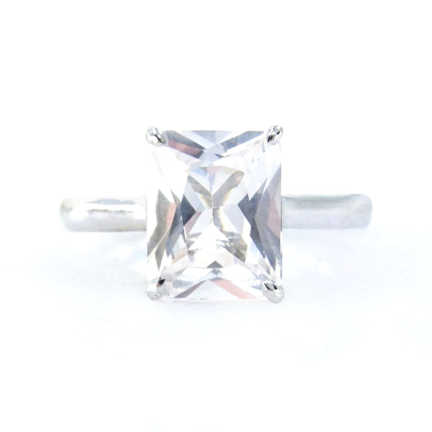 White Sapphire Solitaire Emerald Engagement Ring-4ct Carat-10x8mm-925 Silver w Rhodium-Custom-Wedding-Anniversary-Ready to Ship