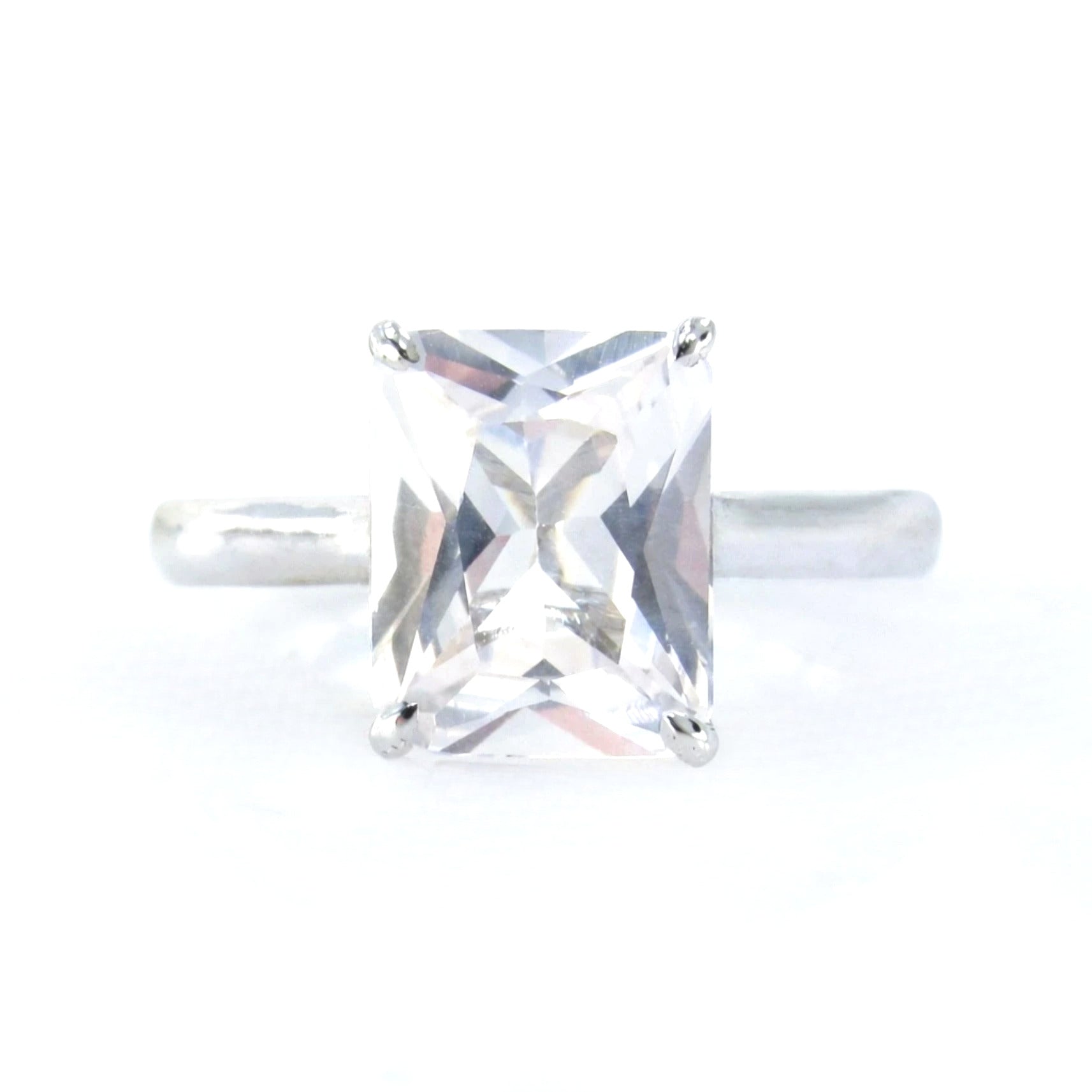 White Sapphire Solitaire Emerald Engagement Ring-4ct Carat-10x8mm-925 Silver w Rhodium-Custom-Wedding-Anniversary-Ready to Ship