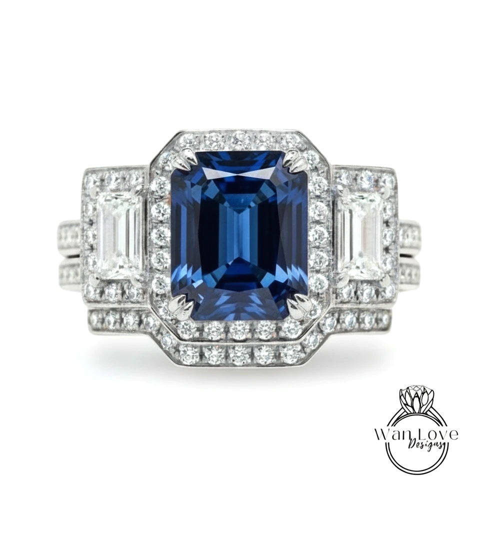 A stunning diamond engagement ring with a large blue gemstone surrounded by smaller diamonds.