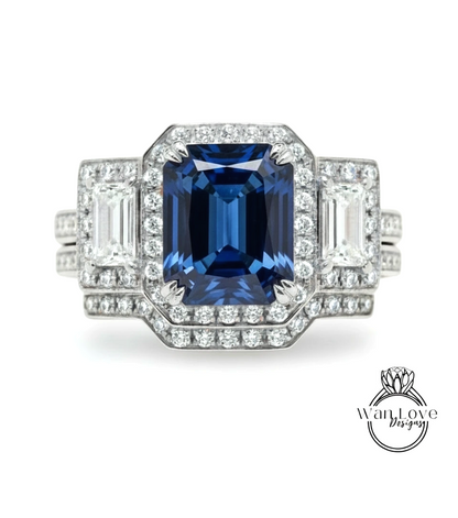 A stunning diamond engagement ring with a large blue gemstone surrounded by smaller diamonds.