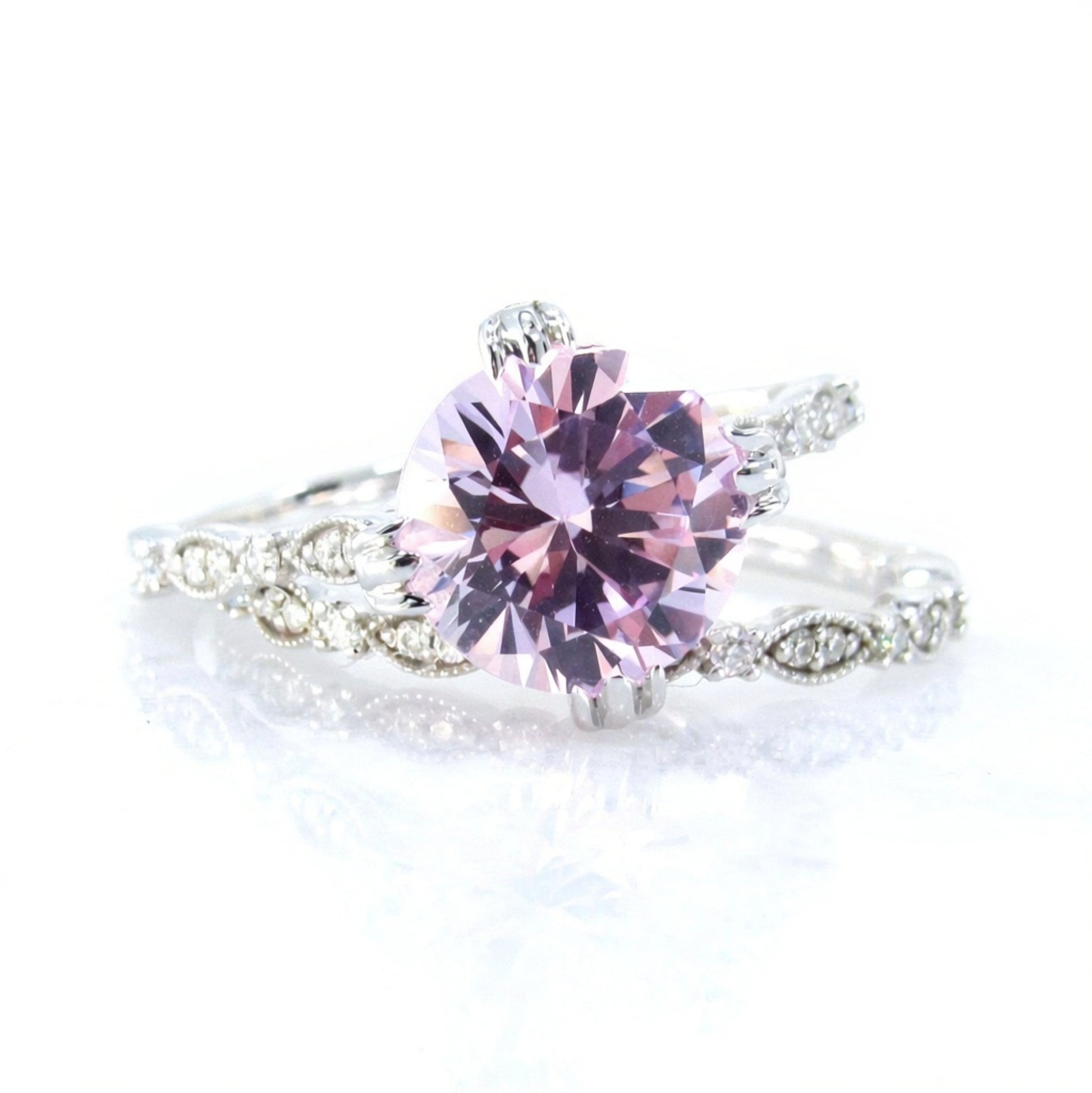 Light Pink Sapphire Milgrain Leaf 3/4 Eternity Round Bezel Leaf Engagement Ring set, Wedding Band, 2ct 8mm Anniversary Gift-Ready to Ship Wan Love Designs