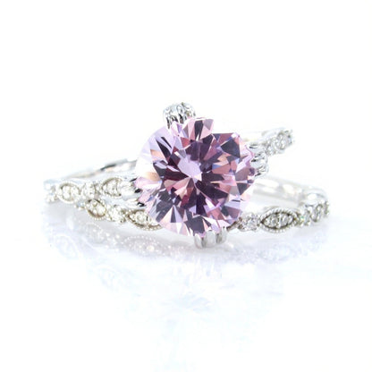 Light Pink Sapphire Milgrain Leaf 3/4 Eternity Round Bezel Leaf Engagement Ring set, Wedding Band, 2ct 8mm Anniversary Gift-Ready to Ship Wan Love Designs