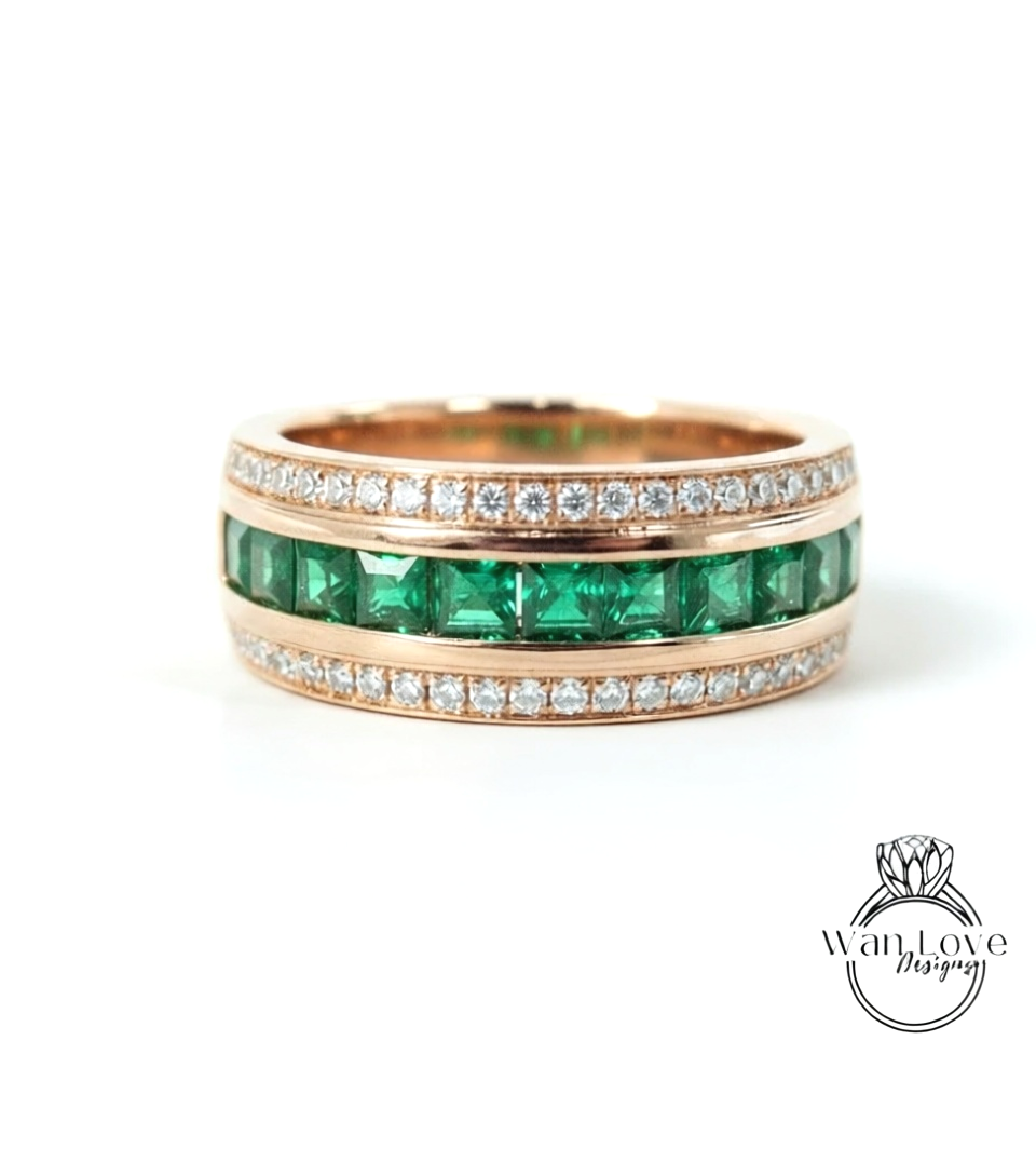 Mens Diamond Wedding Band, Princess Round cut Moissanite Mens Wedding Ring, Lab Diamond Mens Wedding Band, 10k/14k/18k Mens Birthstone Band