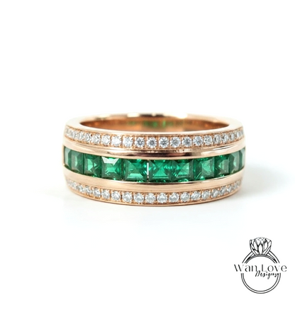 Mens Diamond Wedding Band, Princess Round cut Moissanite Mens Wedding Ring, Lab Diamond Mens Wedding Band, 10k/14k/18k Mens Birthstone Band