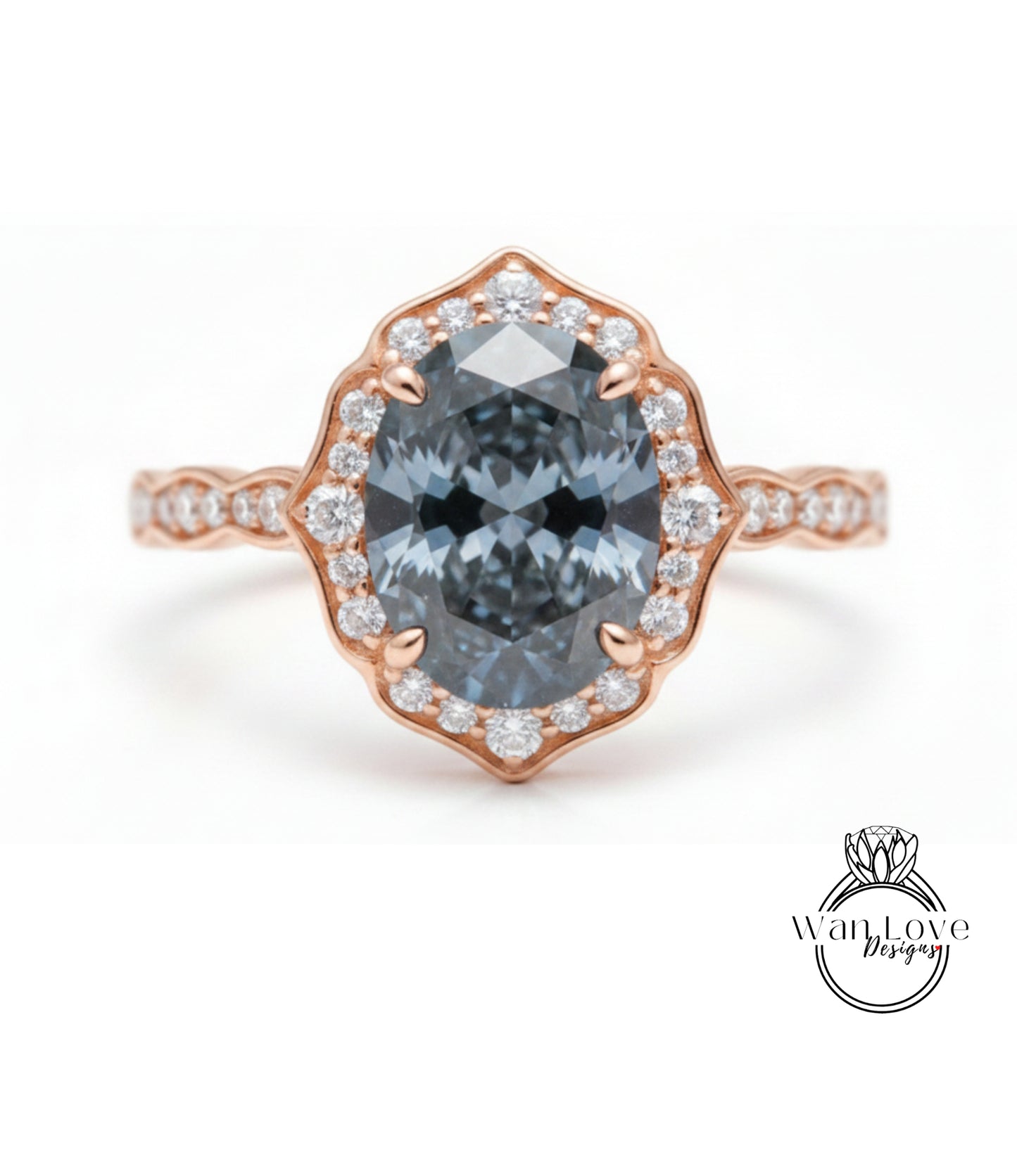 A rose gold ring with a large oval-shaped blue gemstone set in the center, surrounded by smaller diamonds.