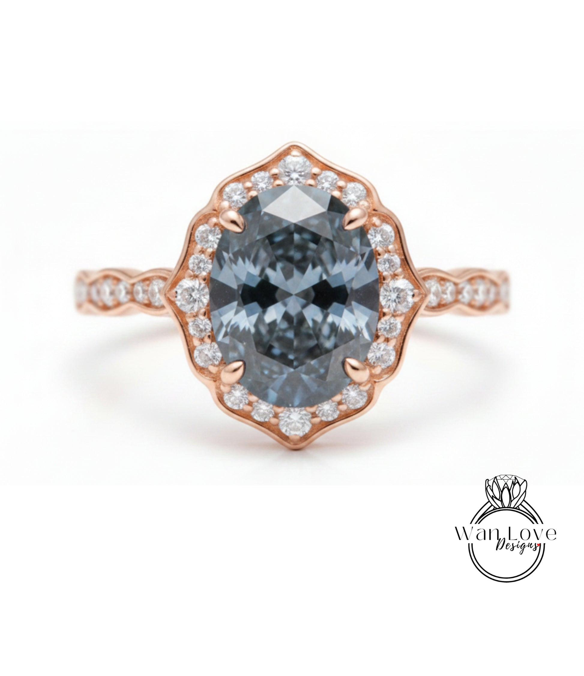 A rose gold ring with a large oval-shaped blue gemstone set in the center, surrounded by smaller diamonds.