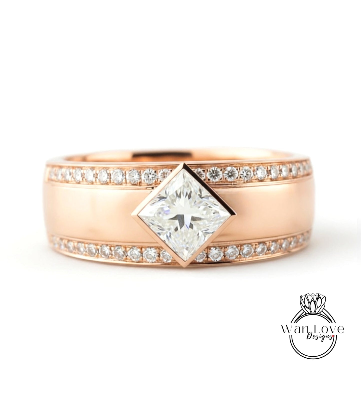 A rose gold ring with a large diamond set in the center, surrounded by smaller diamonds along the band.