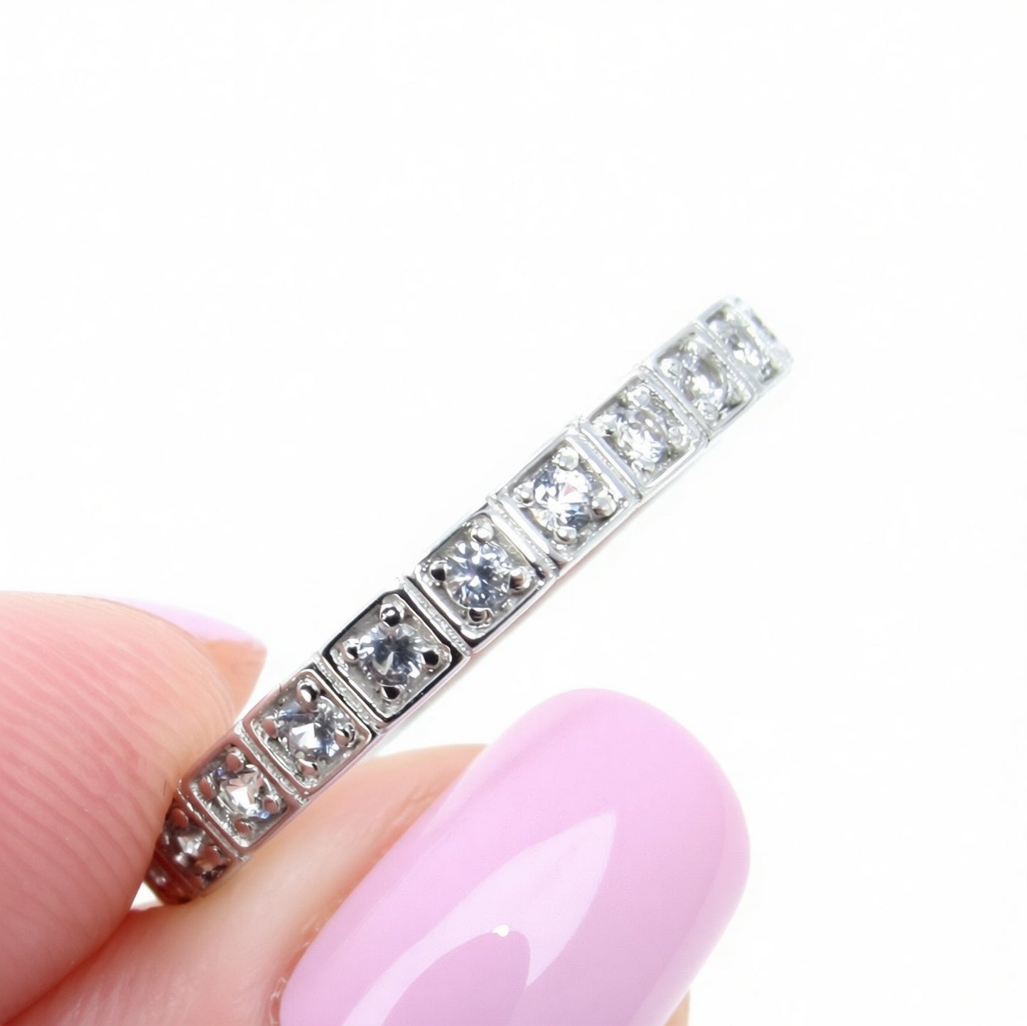White Sapphire Almost Eternity Wedding Band Ring, Square Modern Band for Her, Custom, White Gold, Anniversary Gift, Ready to Ship