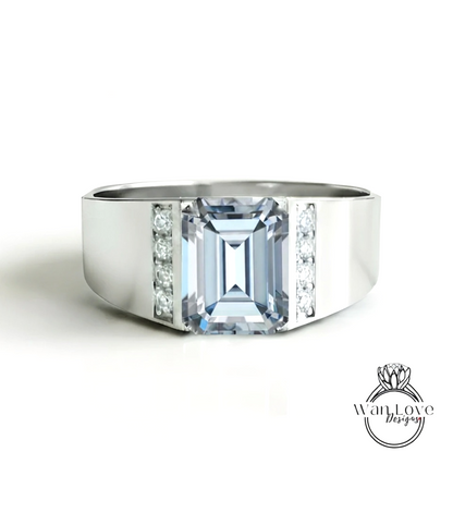 Fede nuziale da uomo in spinello nero | Fascia da uomo in oro bianco smeraldo da 2 ct | Fede nuziale con diamante nero taglio smeraldo | La sua fede nuziale con la pietra portafortuna