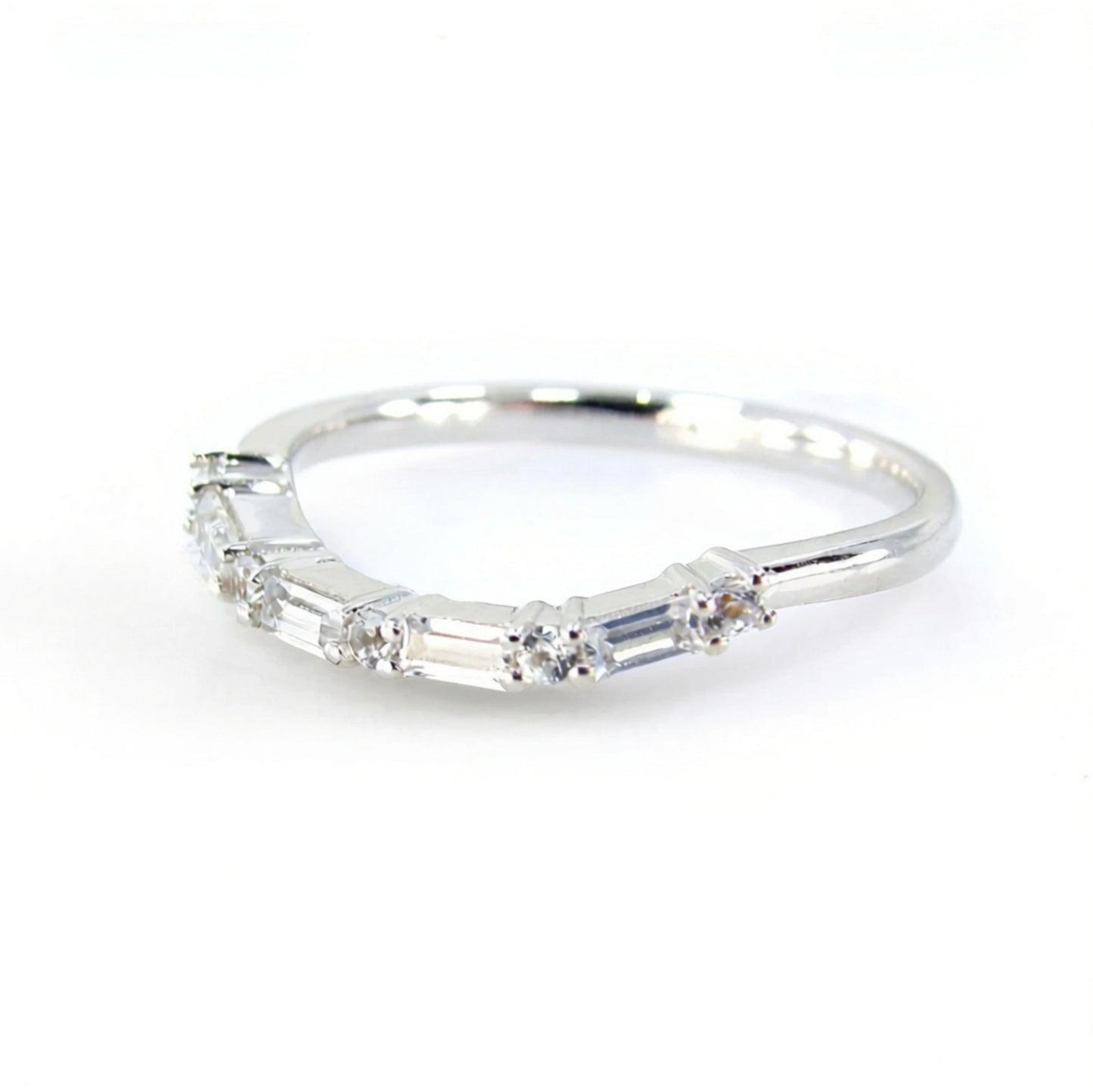 White Sapphire Wedding Band art deco Curved u shaped band contoured half eternity ring White Gold wedding anniversary bridal band Gift-Ready