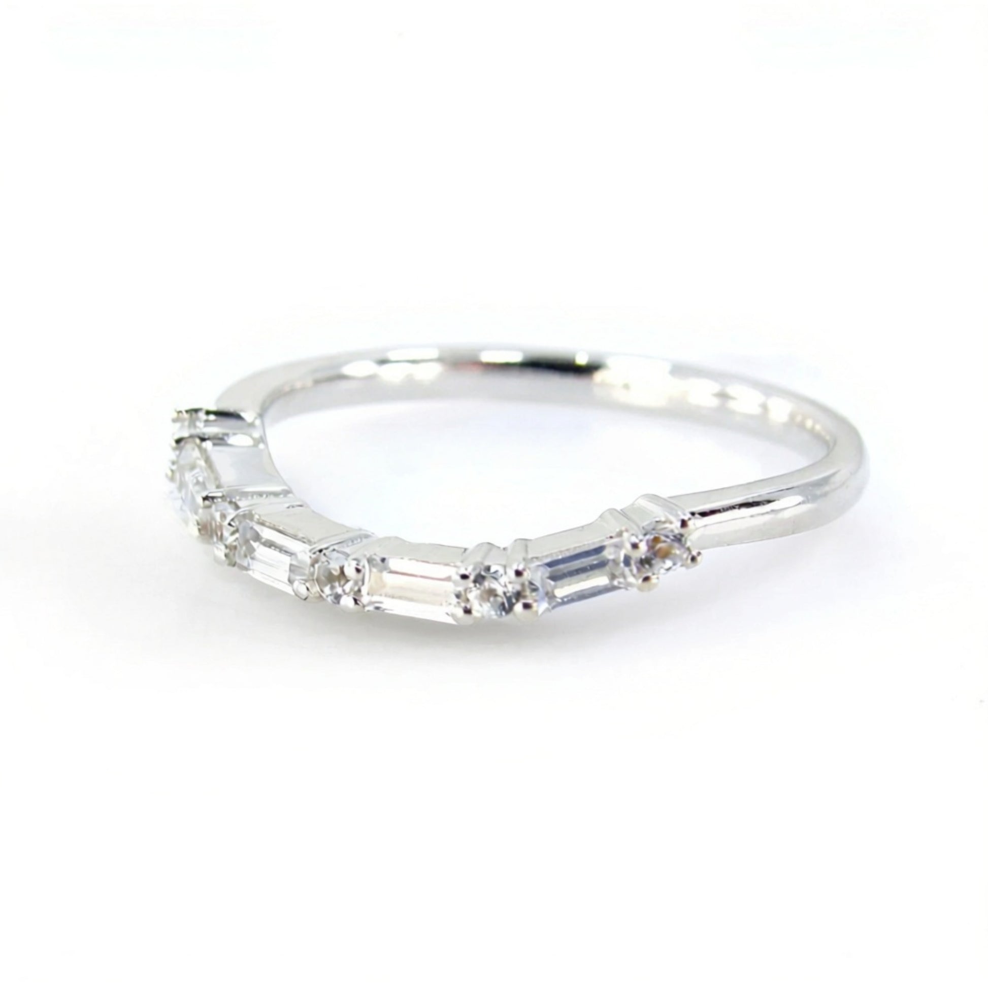 White Sapphire Wedding Band art deco Curved u shaped band contoured half eternity ring White Gold wedding anniversary bridal band Gift-Ready