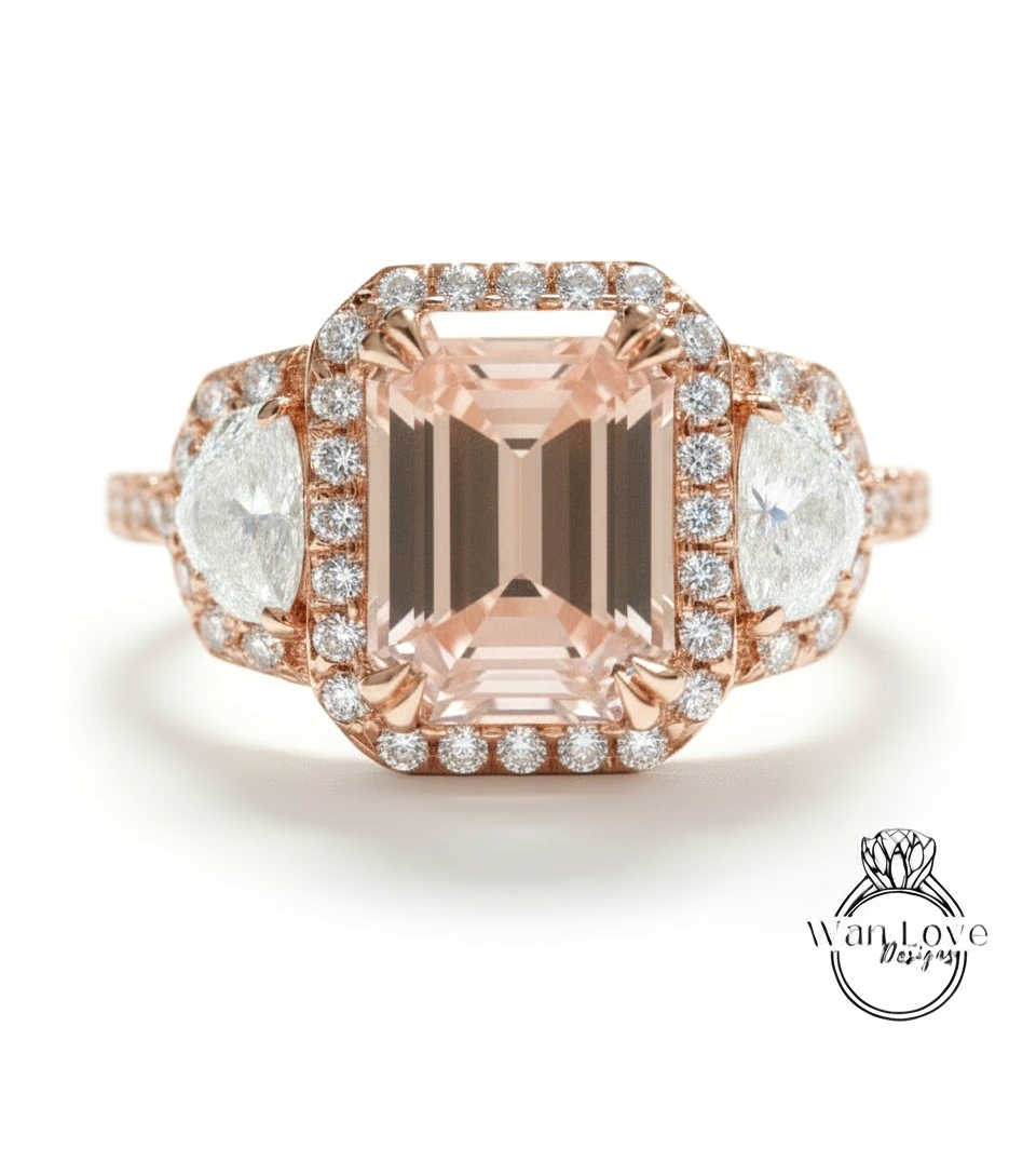A stunning engagement ring with a large, rectangular-shaped pink gemstone surrounded by smaller diamonds, set in a halo of smaller diamonds.