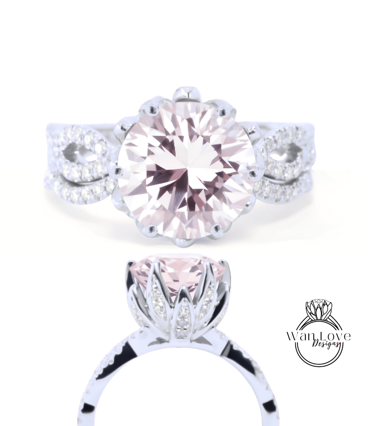 A close-up view of a beautiful pink diamond engagement ring with a large central diamond surrounded by smaller diamonds and a delicate floral design.
