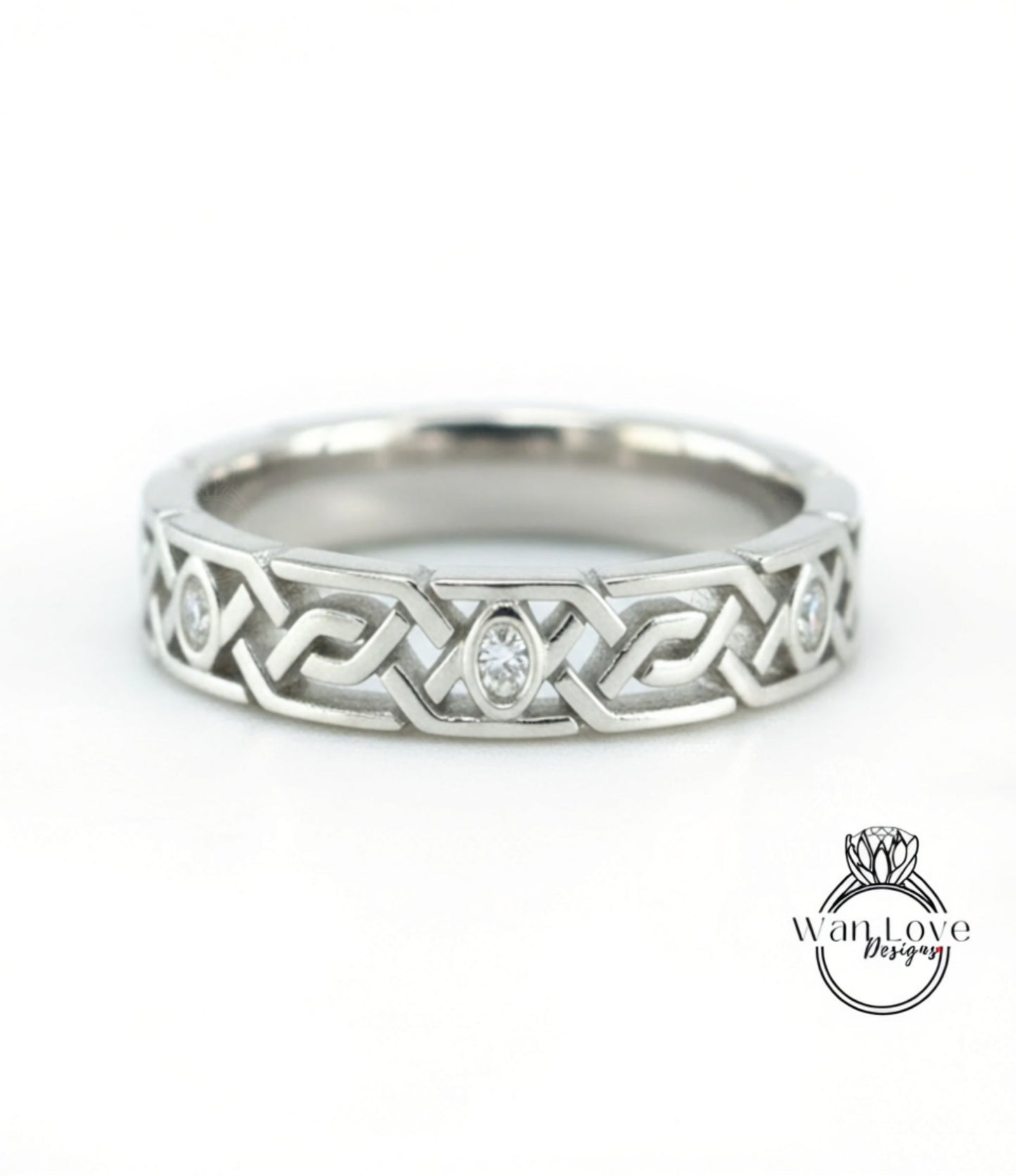 Celtic Knot Diamond Mens Wedding Band, Celtic Pattern Band, 14k White Gold Braided Ring, Mens Promise Band, Mans Birthstone Commitment Band