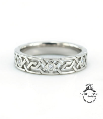 Celtic Knot Diamond Mens Wedding Band, Celtic Pattern Band, 14k White Gold Braided Ring, Mens Promise Band, Mans Birthstone Commitment Band