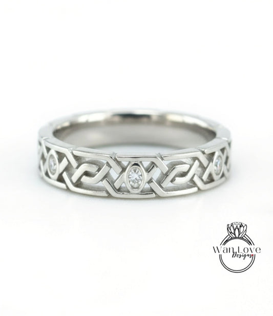 Celtic Knot Diamond Mens Wedding Band, Celtic Pattern Band, 14k White Gold Braided Ring, Mens Promise Band, Mans Birthstone Commitment Band