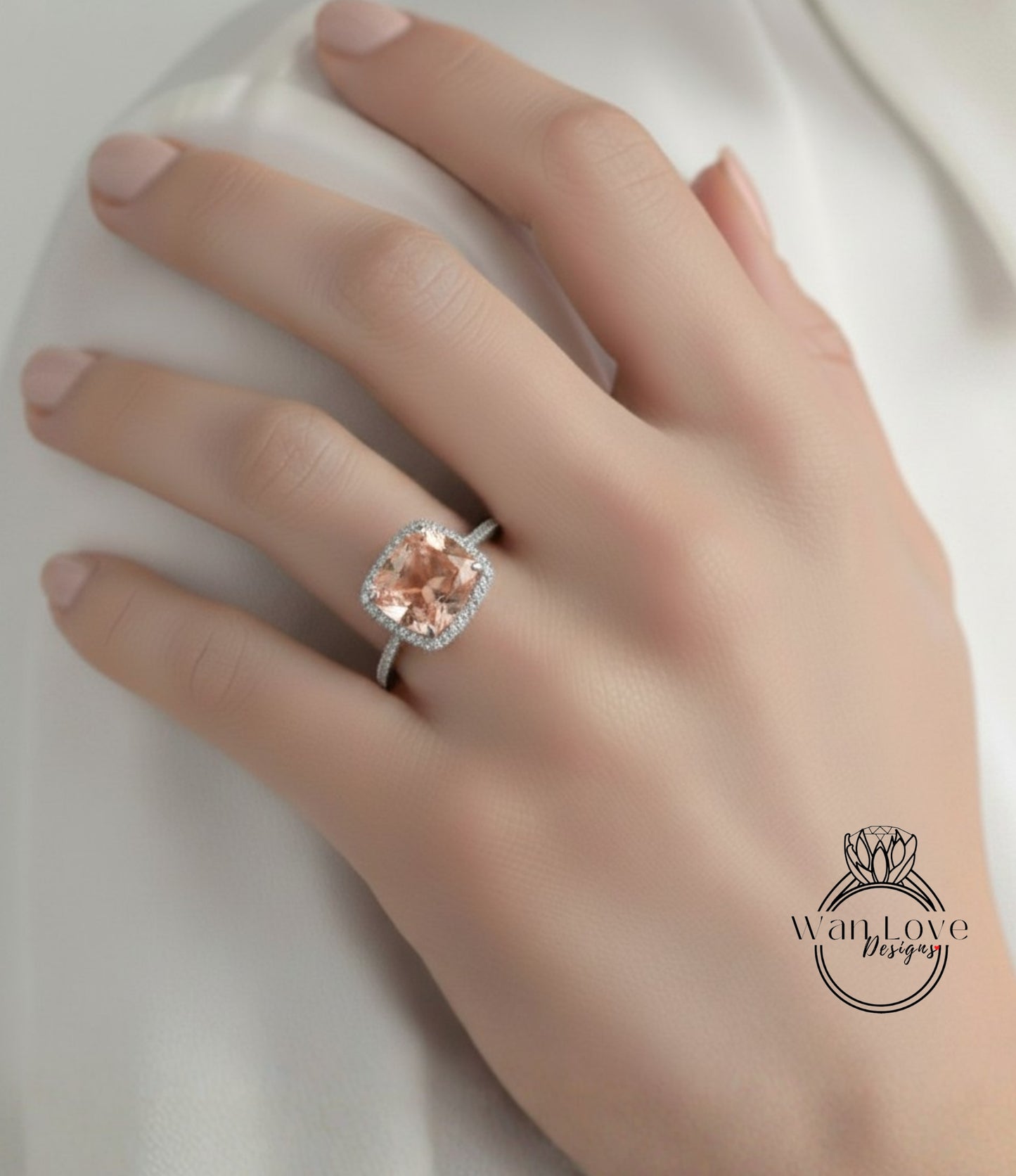 A close-up of a hand wearing a diamond engagement ring with a large, round-cut gemstone.