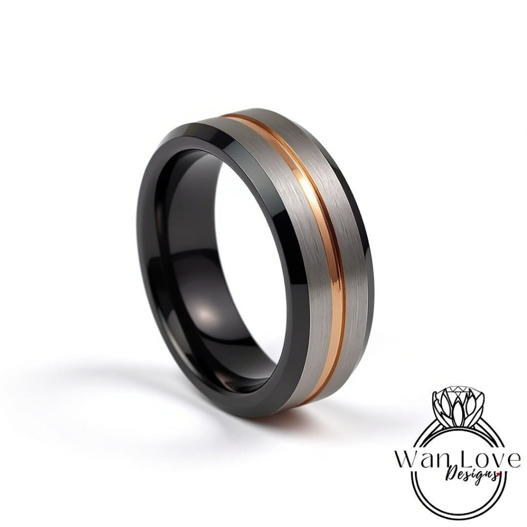 Rose Gold Black Tungsten Ring  - Mens Brushed Silver Beveled Wedding Band - Rose gold stripe, Mens 6mm Ring, Black Tungsten Wedding Ring Wan Love Designs