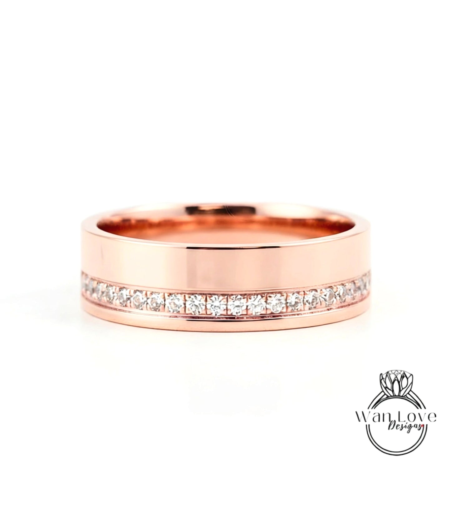 Diamond Mens Wedding Band, Bottom or Top row gems Cigar Band, 14k White Rose Gold Ring, Mens Band, Mans Birthstone Commitment Band