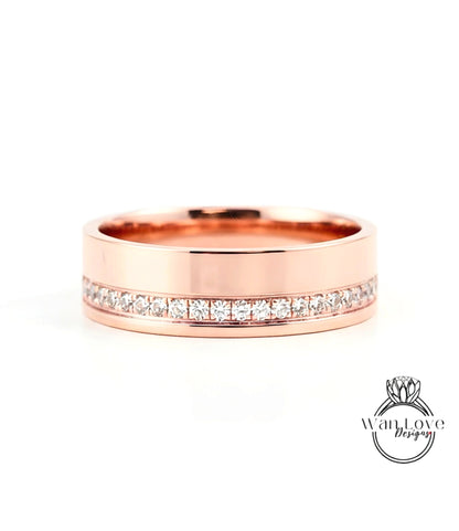 Diamond Mens Wedding Band, Bottom or Top row gems Cigar Band, 14k White Rose Gold Ring, Mens Band, Mans Birthstone Commitment Band