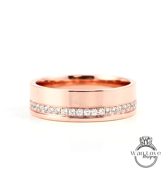 Diamond Mens Wedding Band, Bottom or Top row gems Cigar Band, 14k White Rose Gold Ring, Mens Band, Mans Birthstone Commitment Band