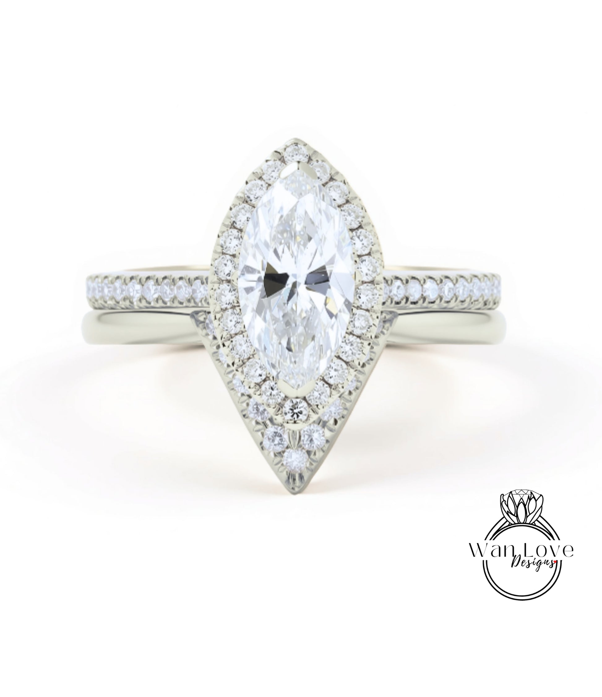 A close-up view of a diamond engagement ring with a large central diamond surrounded by smaller diamonds on the band.
