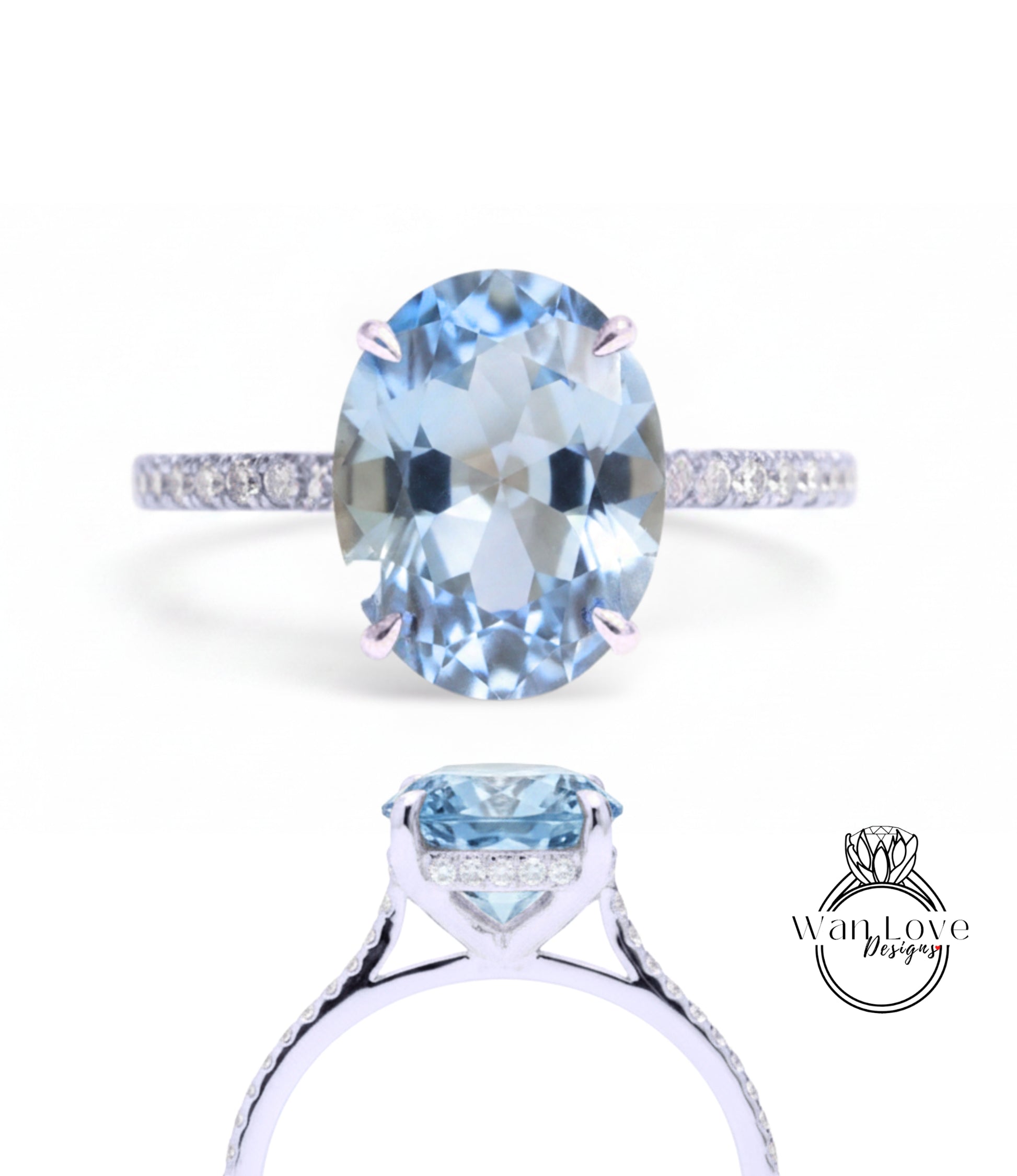 A stunning blue aquamarine gemstone engagement ring with a delicate band and sparkling diamonds.
