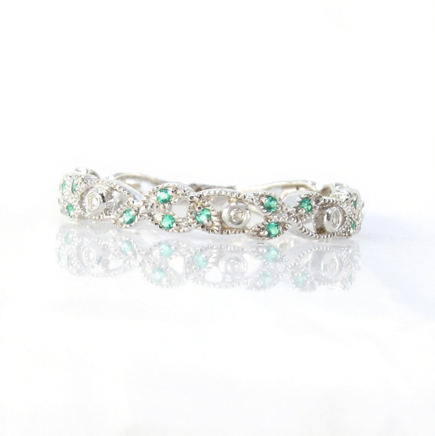 Vintage Green Spinel Diamond wedding band Art deco filigree band Stacking matching band unique Milgrain anniversary promise ring -Ready