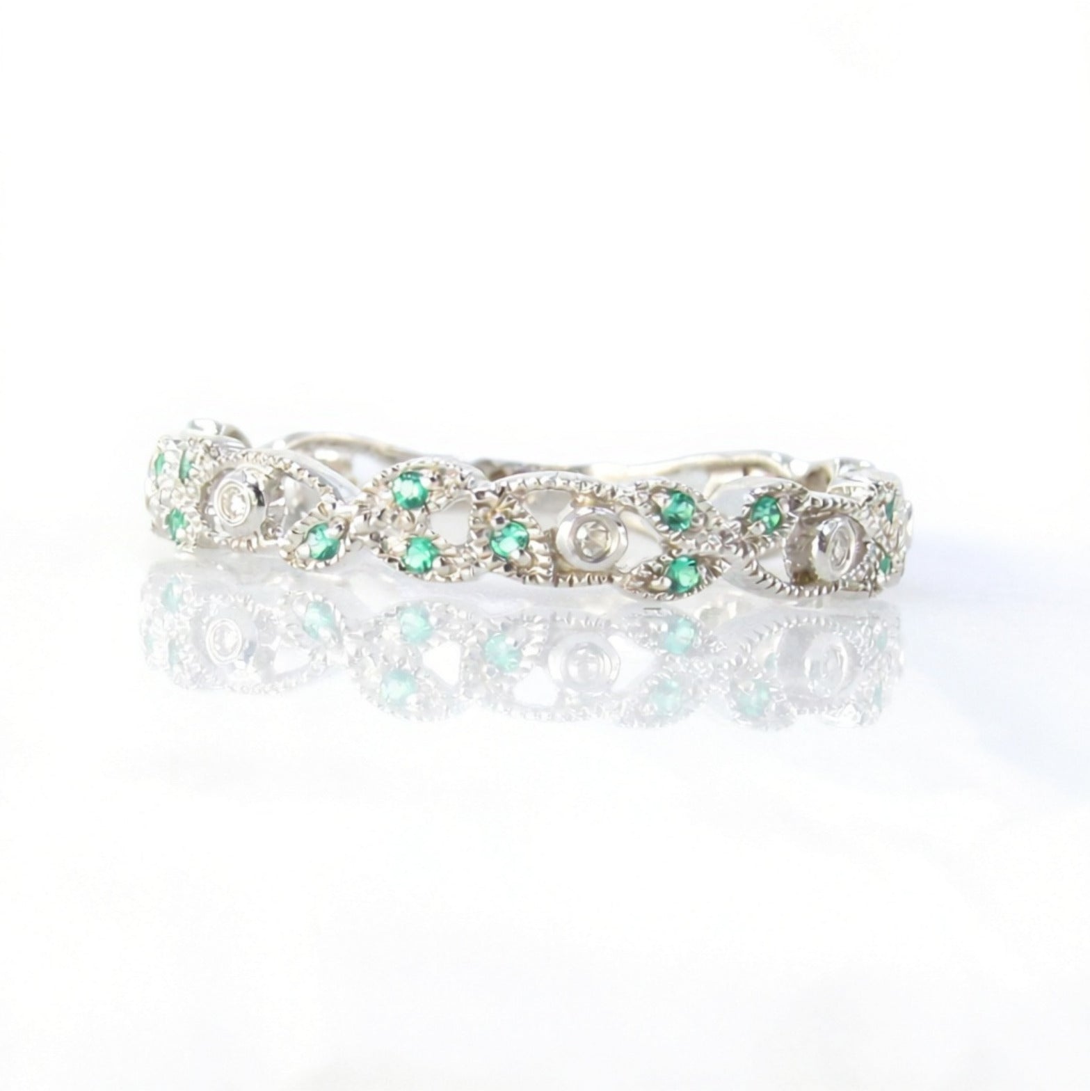 Vintage Green Spinel Diamond wedding band Art deco filigree band Stacking matching band unique Milgrain anniversary promise ring -Ready