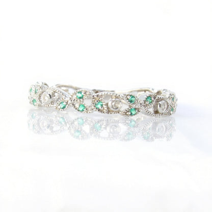 Vintage Green Spinel Diamond wedding band Art deco filigree band Stacking matching band unique Milgrain anniversary promise ring -Ready