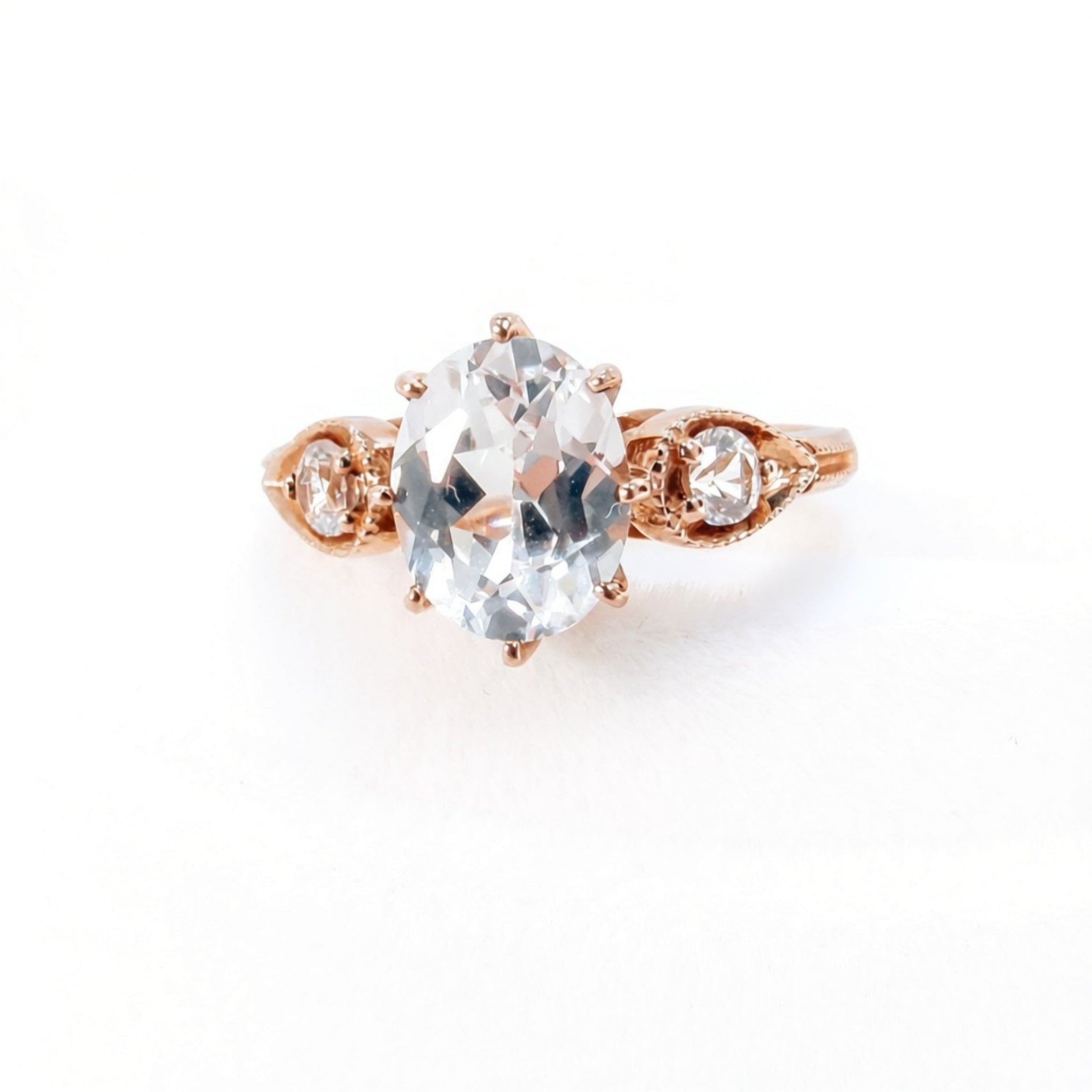 White Sapphire 3 GemStone Oval Engagement Ring 8 prong Milgrain, 3ct 9x7mm, 3mm, Round, Custom, Wedding, Anniversary Gift, Ready to Ship