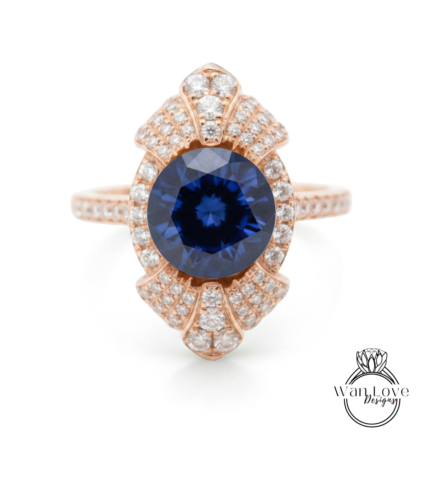 A stunning ring featuring a large blue gemstone surrounded by a sparkling diamond-encrusted design.
