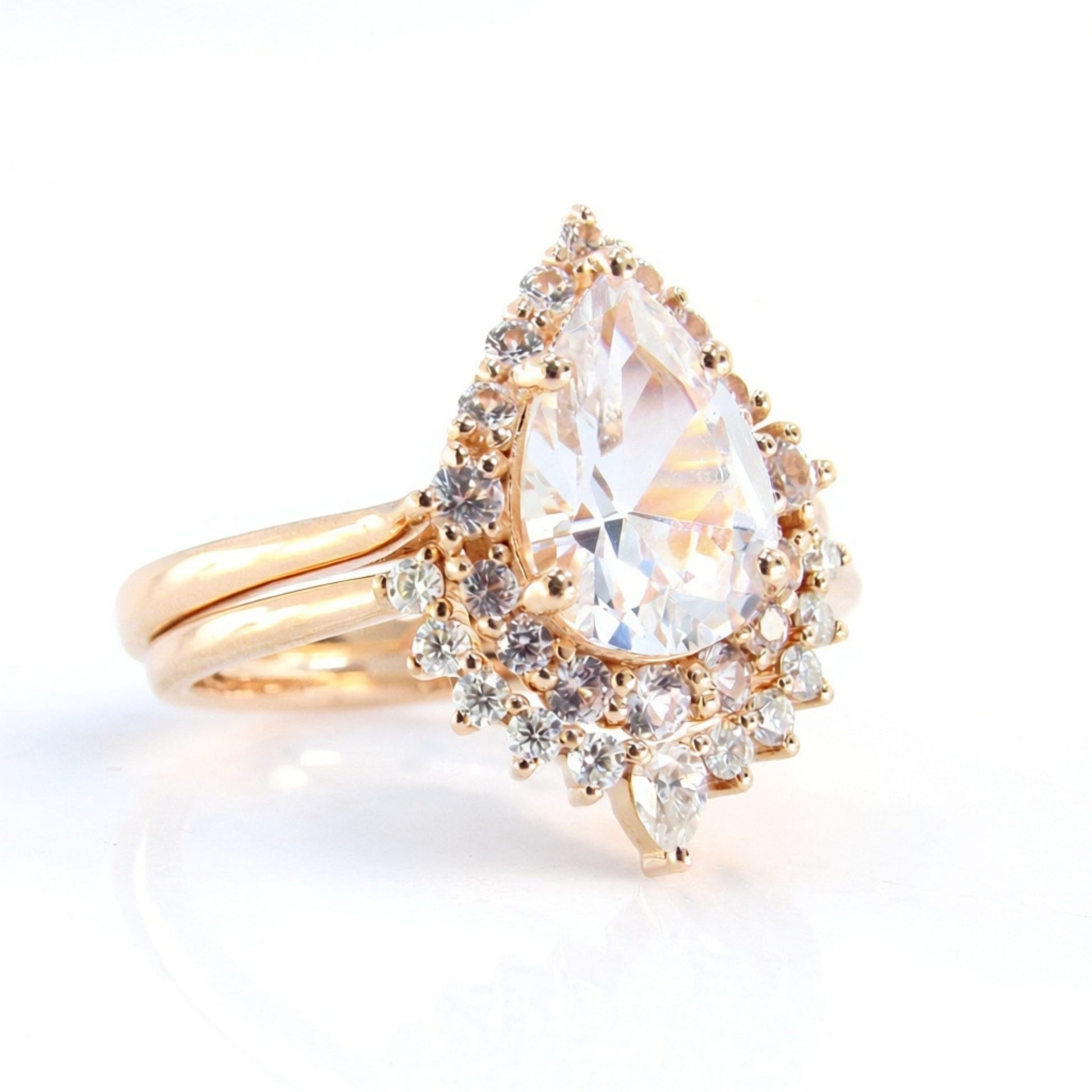 White Sapphire Pear Graduated Halo Engagement Ring Art deco Wedding Band Set 2ct vintage Rose gold pear halo bridal promise aniversary ring