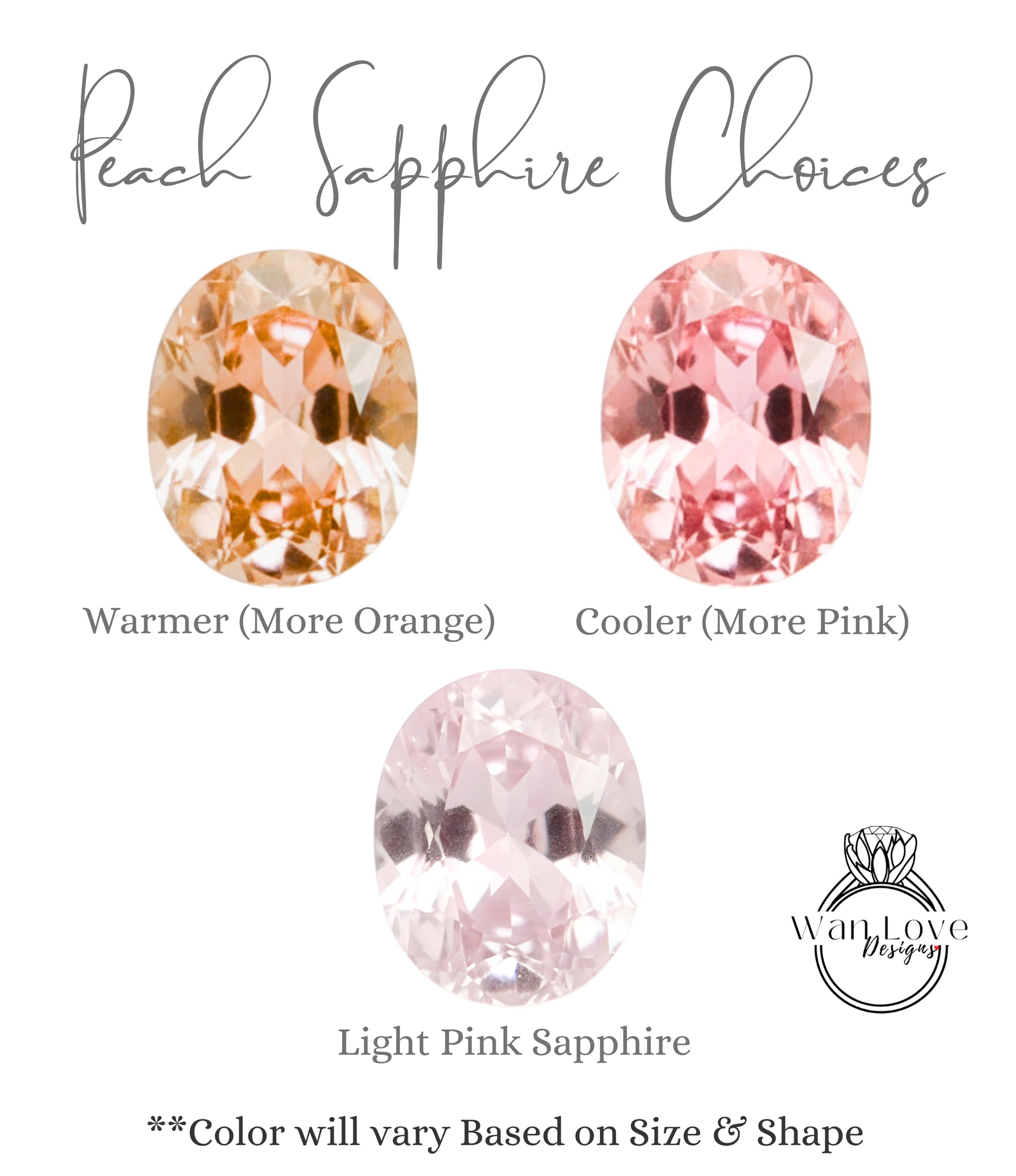 three oval-shaped gemstones, each with a different color, arranged in a row. The text above the stones reads "Peach Sapphire Choices" and below the stones, it says "Warmer (More Orange) Cooler (More Pink) Light Pink Sapphire". The text at the bottom of the image states "Color will vary Based on Size & Shape".