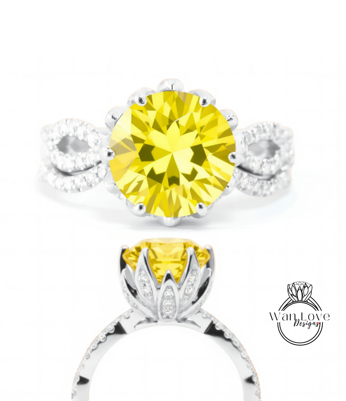 A close-up view of a yellow diamond ring with a large central diamond surrounded by smaller diamonds on either side.