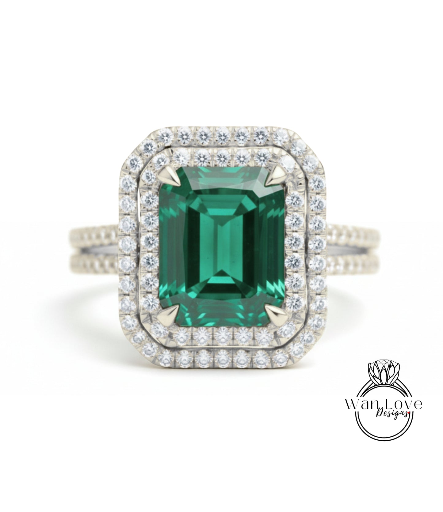 A large, green gemstone set in a diamond-encrusted ring.