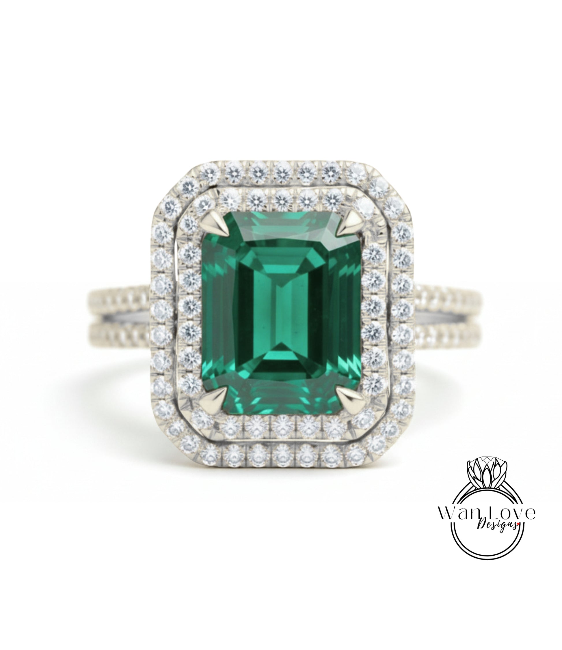 A large, green gemstone set in a diamond-encrusted ring.