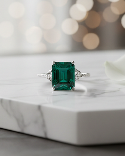 Anello di fidanzamento con nodo celtico smeraldo da 5 ct, anello con taglio smeraldo, anello in oro bianco, anello celtico, anello con diamanti, anello anniversario nuziale unico, nave pronta.