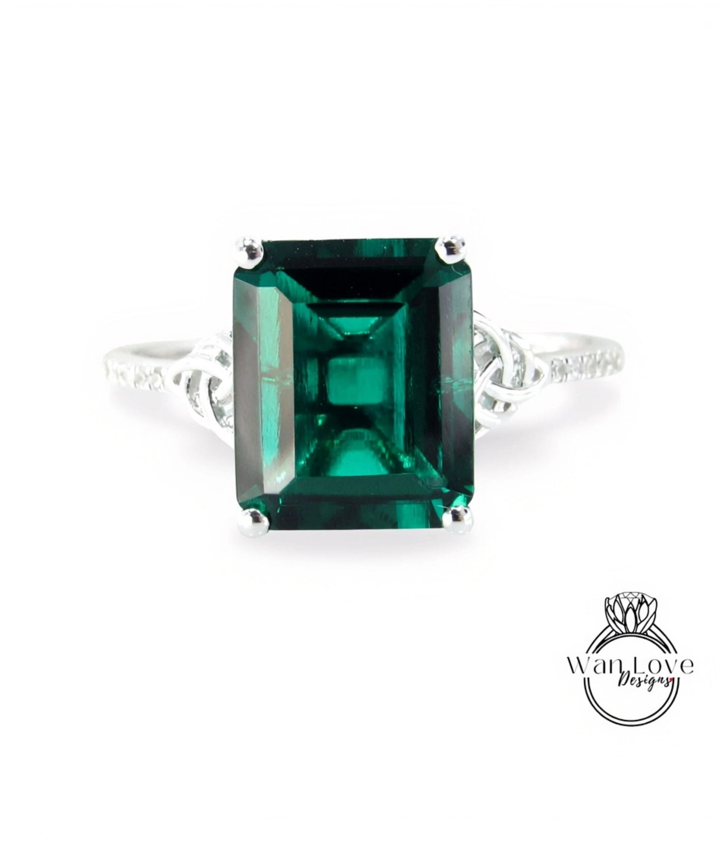 Anello di fidanzamento con nodo celtico smeraldo da 5 ct, anello con taglio smeraldo, anello in oro bianco, anello celtico, anello con diamanti, anello anniversario nuziale unico, nave pronta.