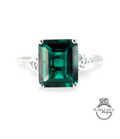 Anello di fidanzamento con nodo celtico smeraldo da 5 ct, anello con taglio smeraldo, anello in oro bianco, anello celtico, anello con diamanti, anello anniversario nuziale unico, nave pronta.