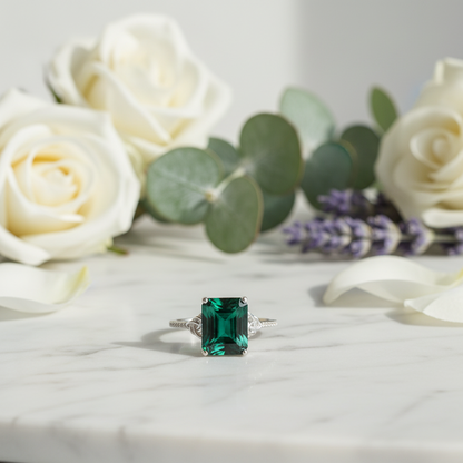Anello di fidanzamento con nodo celtico smeraldo da 5 ct, anello con taglio smeraldo, anello in oro bianco, anello celtico, anello con diamanti, anello anniversario nuziale unico, nave pronta.