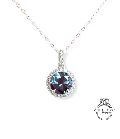 14K White Gold /Round Halo Necklace /Round Alexandrite and Diamond Necklace /Layering Diamond Necklace /Dainty Diamond Necklace/Gift for her